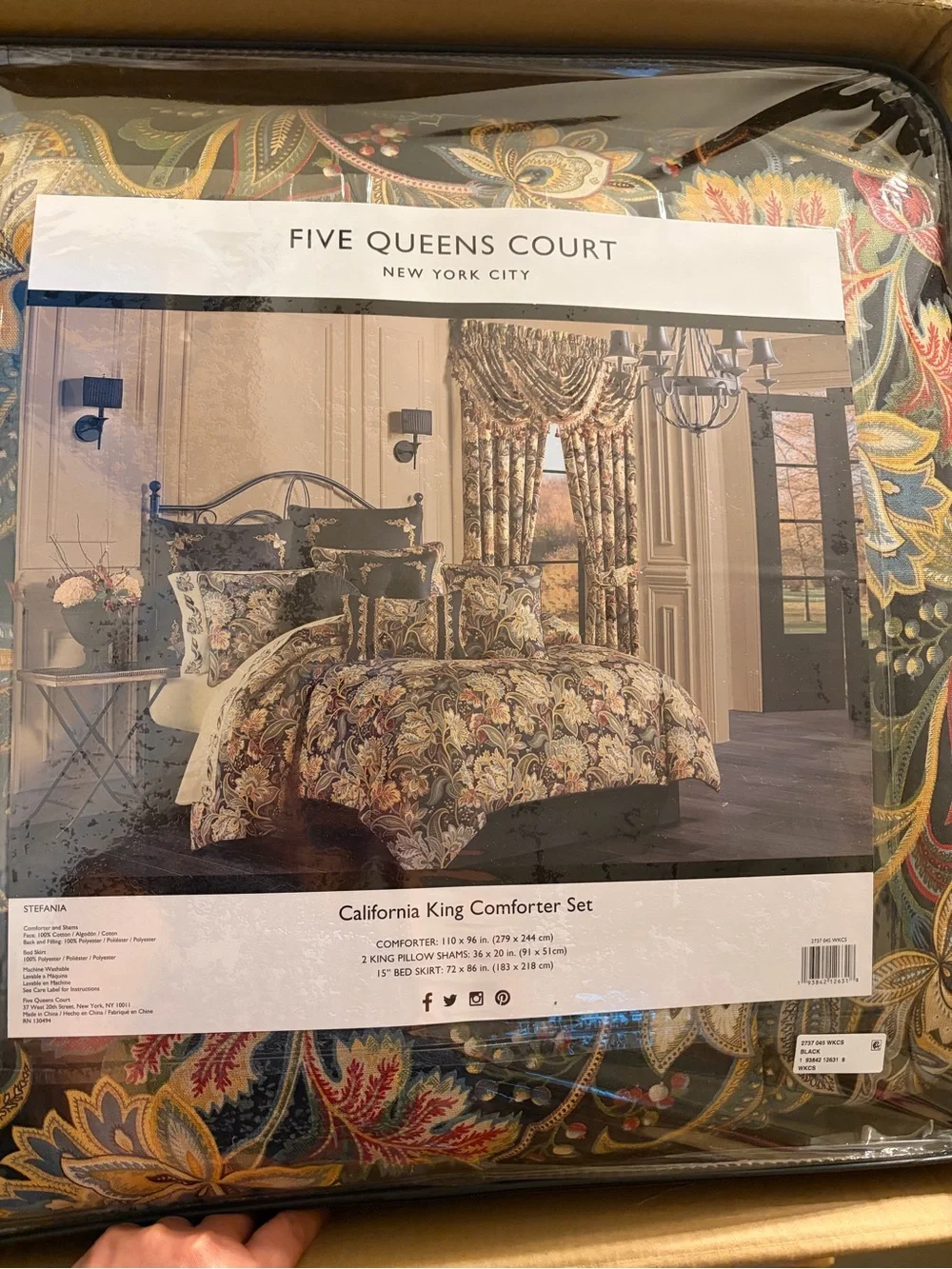 Five Queens Court Stefania Comforter Set with Shams, Black Sz CAL-KING NEW